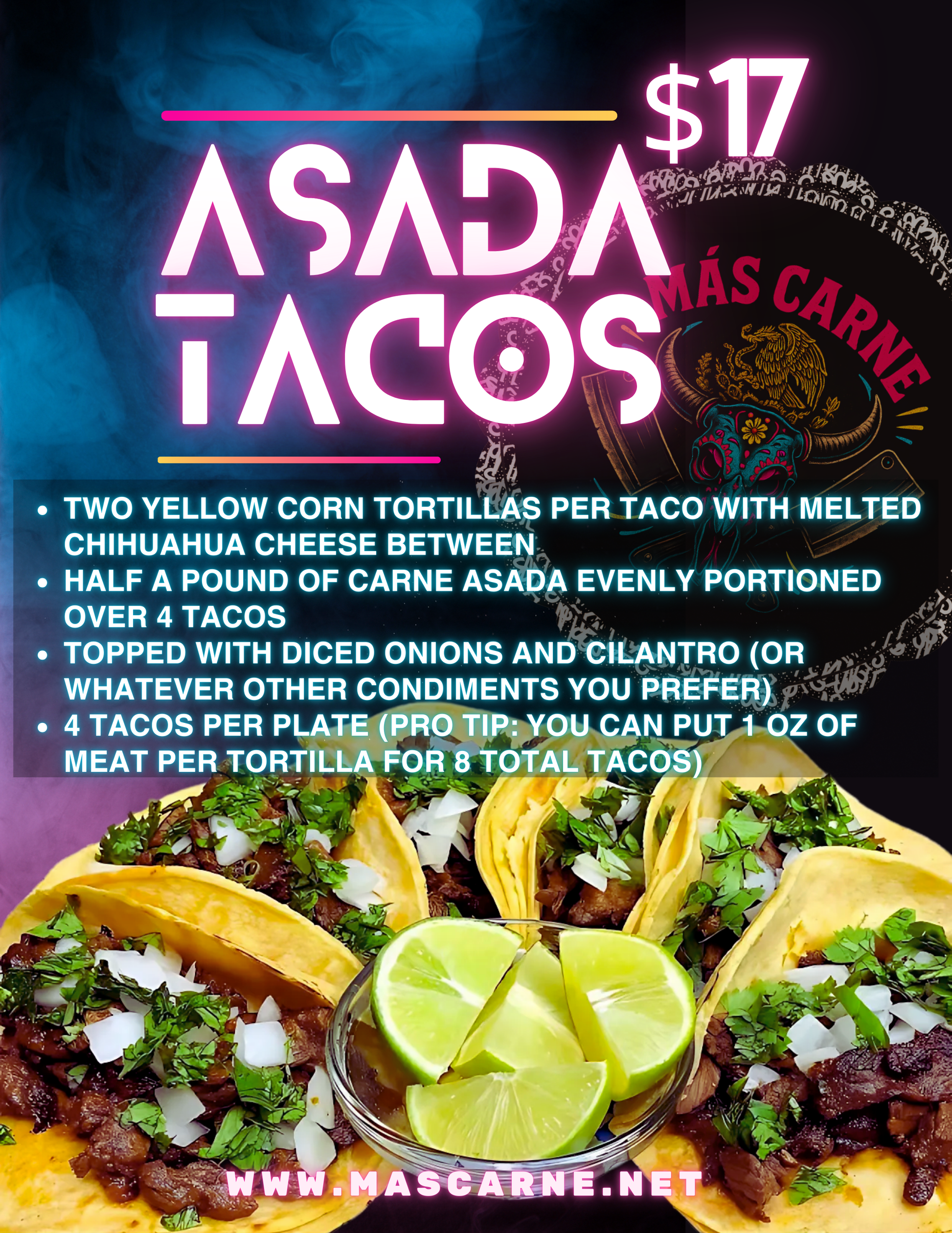 Promotional poster for Asada Tacos with ingredients and pricing details.
